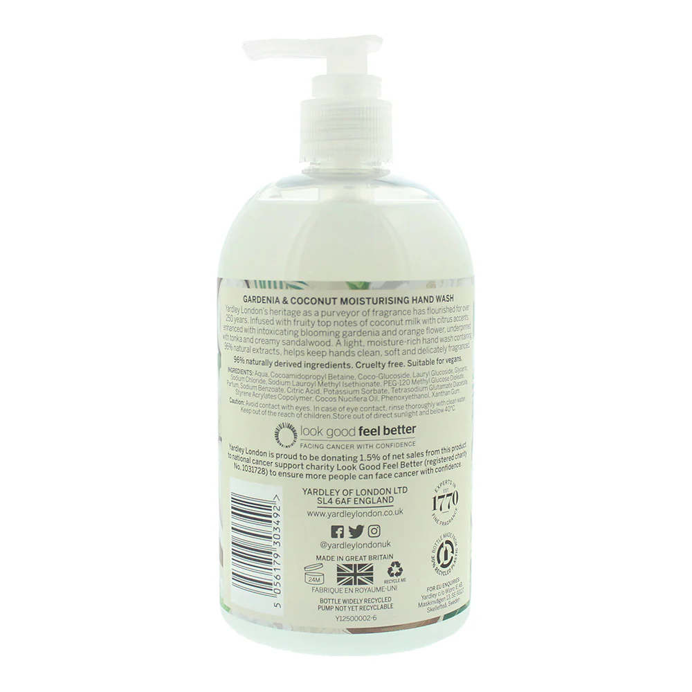 Yardley Gardenia & Coconut Milk Botanical Hand Wash 500ml - Image 3